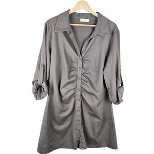 STARK X Shirt Dress Womens Large Army Green Ruched Collared Button Front Minimal